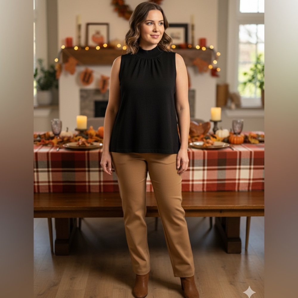 Classic Black Top and Tan Pants Set #52%silk. 52%seda